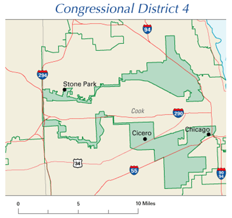 Un mapa que muestra el 4to distrito congresional de Illinois en 2004. Consta de dos segmentos largos y extremadamente estrechos, conectados en un extremo por un segmento muy estrecho.