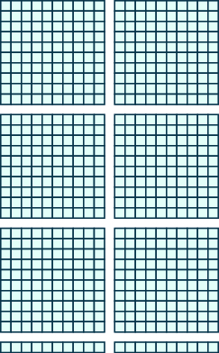 Una imagen que consta de dos elementos. El primer ítem es de seis cuadrados de 100 bloques cada uno, 10 bloques de ancho y 10 bloques de alto. El segundo ítem es de 2 varillas horizontales con 10 bloques cada una.