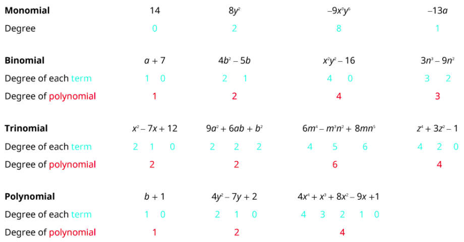 This table has 11 rows and 5 columns. The first column is a header column, and it names each row. The first row is named “Monomial,” and each cell in this row contains a different monomial. The second row is named “Degree,” and each cell in this row contains the degree of the monomial above it. The degree of 14 is 0, the degree of 8y squared is 2, the degree of negative 9x cubed y to the fifth power is 8, and the degree of negative 13a is 1. The third row is named “Binomial,” and each cell in this row contains a different binomial. The fourth row is named “Degree of each term,” and each cell contains the degrees of the two terms in the binomial above it. The fifth row is named “Degree of polynomial,” and each cell contains the degree of the binomial as a whole.” The degrees of the terms in a plus 7 are 0 and 1, and the degree of the whole binomial is 1. The degrees of the terms in 4b squared minus 5b are 2 and 1, and the degree of the whole binomial is 2. The degrees of the terms in x squared y squared minus 16 are 4 and 0, and the degree of the whole binomial is 4. The degrees of the terms in 3n cubed minus 9n squared are 3 and 2, and the degree of the whole binomial is 3. The sixth row is named “Trinomial,” and each cell in this row contains a different trinomial. The seventh row is named “Degree of each term,” and each cell contains the degrees of the three terms in the trinomial above it. The eighth row is named “Degree of polynomial,” and each cell contains the degree of the trinomial as a whole. The degrees of the terms in x squared minus 7x plus 12 are 2, 1, and 0, and the degree of the whole trinomial is 2. The degrees of the terms in 9a squared plus 6ab plus b squared are 2, 2, and 2, and the degree of the trinomial as a whole is 2. The degrees of the terms in 6m to the fourth power minus m cubed n squared plus 8mn to the fifth power are 4, 5, and 6, and the degree of the whole trinomial is 6. The degrees of the terms in z to the fourth power plus 3z squared minus 1 are 4, 2, and 0, and the degree of the whole trinomial is 4. The ninth row is named “Polynomial,” and each cell contains a different polynomial. The tenth row is named “Degree of each term,” and the eleventh row is named “Degree of polynomial.” The degrees of the terms in b plus 1 are 1 and 0, and the degree of the whole polynomial is 1. The degrees of the terms in 4y squared minus 7y plus 2 are 2, 1, and 0, and the degree of the whole polynomial is 2. The degrees of the terms in 4x to the fourth power plus x cubed plus 8x squared minus 9x plus 1 are 4, 3, 2, 1, and 0, and the degree of the whole polynomial is 4.
