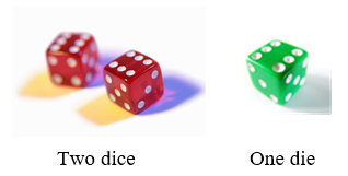 A picture showing two red 6-sided dice, and one green 6-sided die.