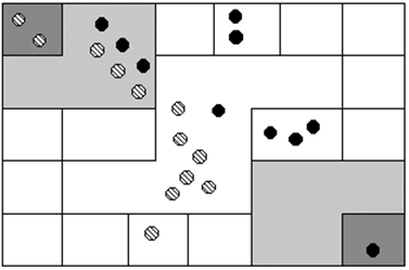 A counting board with solid and striped dots.  There are two solid dots in the outer square regions, 3 solid dots in the larger white rectangular regions, 1 solid dot in the middle eight-sided region, 3 solid dots in the second shaded level, and one solid dot in the highest corner level.