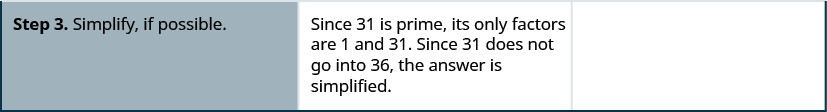 El paso 3 es simplificar es posible. Dado que 31 es primo, sus únicos factores son 1y 31. Dado que 31 no entra en 36, la respuesta se simplifica.