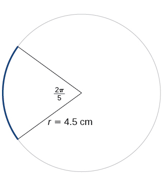 Graph of a circle with angle of 2pi/5 and a radius of 4.5 cm.