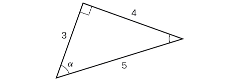 Right triangle with sides of 3, 4, and 5. Angle alpha is also labeled which is opposite the side labeled 4.