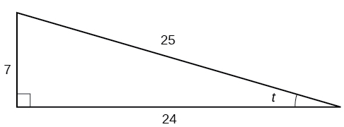 A right triangle with sides of 7, 24, and 25. Also labeled is angle t which is opposite the side labeled 7.