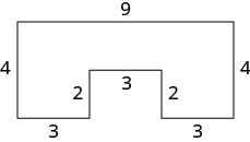 This image includes 8 sides. Side one on the left is labeled 4 inches, side 2 on the top is labeled 9 inches, side 3 on the right is labeled 4 inches, side 4 is labeled 3 inches, side 5 is labeled 2 inches, side 6 is labeled 3 inches, side 7 is labeled 2 inches, and side 8 is labeled 3 inches.