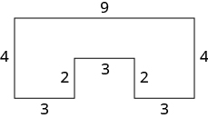This image includes 8 sides. Side one on the left is labeled 4 inches, side 2 on the top is labeled 9 inches, side 3 on the right is labeled 4 inches, side 4 is labeled 3 inches, side 5 is labeled 2 inches, side 6 is labeled 3 inches, side 7 is labeled 2 inches, and side 8 is labeled 3 inches.