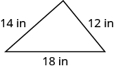 Una imagen de un triángulo con longitudes laterales de 14 pulgadas, 12 pulgadas y 18 pulgadas.