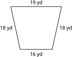 A trapezoid with horizontal top length of 19 yards, the side lengths are 18 yards and are diagonal, and the horizontal bottom length is 16 yards.