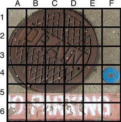A picture of a manhole that says Drain and a small blue object. The picture has a grid overlaying it, with the columns labeled at the top A through F. On the left, each row is labeled with 1 through 6. The small blue object is in square 4F.