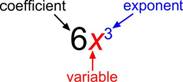 The expression 6x to the power of 3. 6 is the coefficient, x is the variable, and the power of 3 is the exponent.