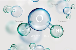 Molecule of water with one oxygen bonded to two hydrogen.