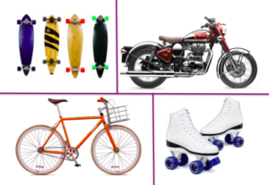 skateboard, motorcycle, bike, and rollerskates to illustrate that they are different but have wheels in common.