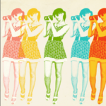 Image of a woman taking a picture with a camera repeated five times in different colors.