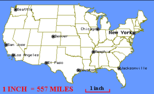 map of the lower 48 states with a scale factor of 1 inch equals 557 miles.