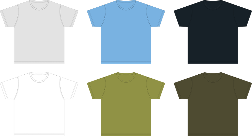 Six different t-shirts each a different color: grey, blue, black, white, light green, and dark green.
