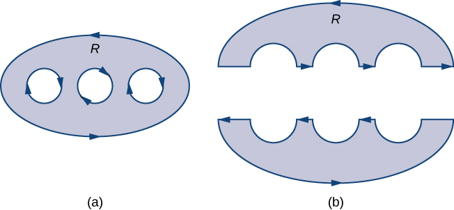 Deux régions. La première région D est de forme ovale et comporte trois trous circulaires. Sa limite orientée est dans le sens antihoraire. La deuxième région est la région D divisée horizontalement au milieu en deux régions simplement connectées sans trous. Il a toujours une limite orientée dans le sens antihoraire.