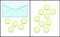 The image is divided in half vertically. On the left side is an envelope with 5 counters below it. On the right side is 9 counters.