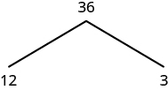 The figure shows a factor tree with the number 36 at the top. Two branches are splitting out from under 36. The right branch has a number 3 at the end with a circle around it. The left branch has the number 12 at the end.