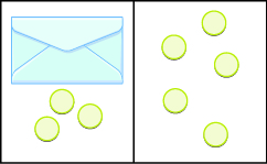 This image is divided into two parts: the first part shows an envelope and 3 blue counters and the next to it, the second part shows five counters.