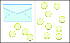 Esta imagen se divide en dos partes: la primera parte muestra un sobre y 4 contadores azules y junto a ella, la segunda parte muestra 9 contadores.