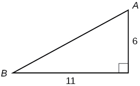 A right triangle with side lengths of 11 and 6. Corners A and B are also labeled.  The angle A is opposite the side labeled 11.  The angle B is opposite the side labeled 6. 