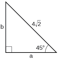 A right triangle with corners labeled A, B, and C. Hypotenuse has length of 4 times square root of 2. Other angles measure 45 degrees.
