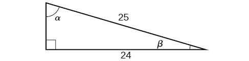 Imagem de um triângulo reto. A base é 24, a altura é desconhecida e a hipotenusa é 25. O ângulo oposto à base é rotulado como alfa e o ângulo agudo restante é rotulado como beta.