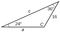 Triangle avec étiquettes standard. L'angle A est de 36 degrés avec le côté opposé inconnu. L'angle B est de 24 degrés avec le côté opposé b = 16. L'angle C et le côté c sont inconnus.