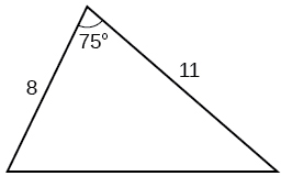 Un triangle. Un angle est de 75 degrés, le côté opposé étant inconnu. Les côtés adjacents à l'angle de 75 degrés sont 8 et 11.