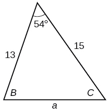 Un triángulo etiquetado de manera estándar. El ángulo A es de 54 grados con lado opuesto desconocido. Se desconoce el ángulo B con lado opuesto b=15. Se desconoce el ángulo C con lado opuesto C=13.