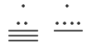 Two mayan numerals side by side.  For the one on the left, at the bottom is three horizontal lines topped with two dots, and above that is one dot.  For the one on the right, at the bottom is a horizontal line topped with 4 dots, and above that is one dot.