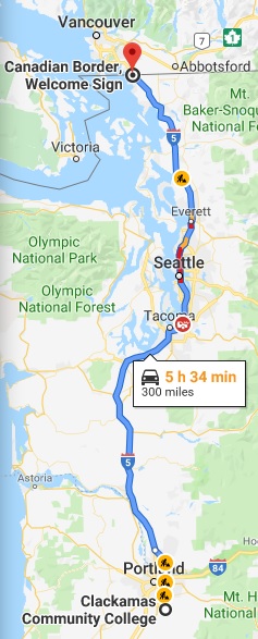 Mapa de Google que muestra una ruta de 300 millas desde Clackamas Community College al norte hasta la frontera canadiense
