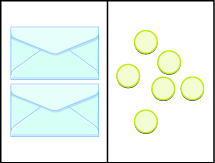 This image has two columns. In the first column are two identical envelopes. In the second column there are six blue circles, randomly placed.