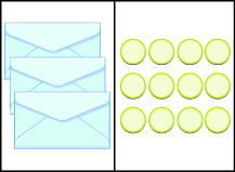 This image has two columns. In the first column are four envelopes. In the second column there are twelve blue circles.