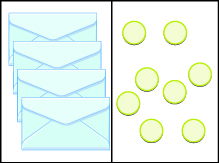 This image has two columns. In the first column are four envelopes. In the second column there are 8 blue circles.