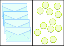 Esta imagen tiene dos columnas. En la primera columna hay cuatro sobres. En la segunda columna hay 12 círculos azules.