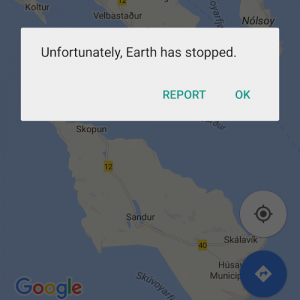 Mensaje ominoso de Google diciendo “Desafortunadamente, la Tierra se ha detenido”.