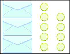 This image has two columns. In the first column there are three envelopes. In the second column there are two vertical rows. The first row includes five blue circles, the second row includes four blue circles.