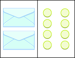 Esta cifra tiene dos columnas. En la primera columna hay dos sobres. En la segunda columna hay dos filas verticales, cada una incluye cuatro círculos azules.