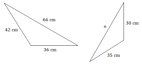 triángulos similares: uno con lados 42 cm, 66 cm, 36 cm; otro con lados n, 30 cm, 35 cm.