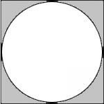 Un cuadrado con un circel inscrito en él; las cuatro regiones fuera del círculo están sombreadas