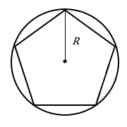 un pentágono regular dentro de un círculo con los cinco puntos de esquina en el círculo, y un radio desde el centro hasta un punto de esquina etiquetado con mayúscula R