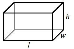 una caja rectangular tridimensional con el borde frontal inferior etiquetado como l, el borde inferior derecho etiquetado w, y el borde derecho vertical etiquetado h