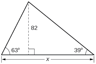 Un triángulo con ángulos de 63 grados y 39 grados y lado x. bisectriz en triángulo con longitud de 82.