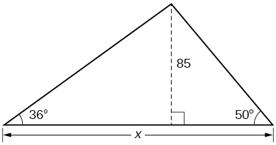 A triangle with angles of 36 degrees and 50 degrees and side x. Bisector in triangle with length of 85.