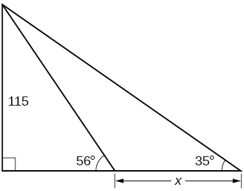 Un triángulo rectángulo con lado de 115 y ángulo de 35 grados. Dentro del triángulo rectángulo hay otro triángulo rectángulo con ángulo de 56 grados. La diferencia de longitud lateral entre dos triángulos es x.