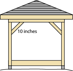 这个人物是一个凉亭的插图，凉亭的角落形成一个直角三角形，有一块 10 英寸的木头沿对角线放置以支撑它。