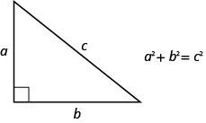 该图是一个边为 a 和 b 的直角三角形，而斜边 c 的公式为 a 的平方加 b 的平方等于 c 的平方。