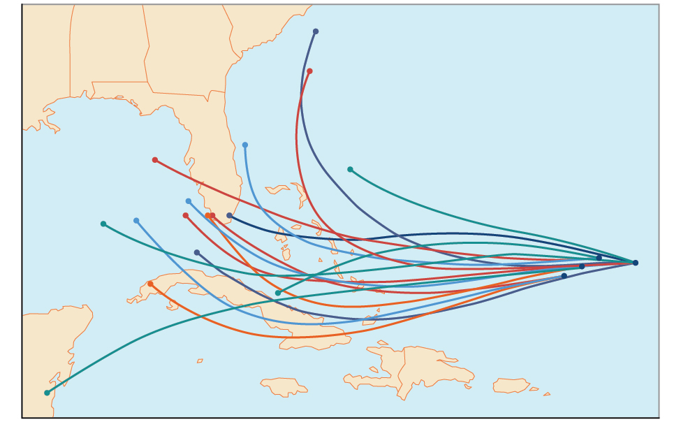 Spaghetti map of the possible paths for a hurricane over the Southeastern United States